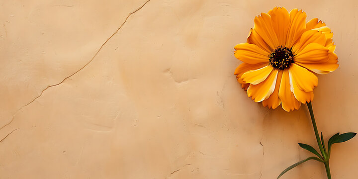 Vibrant orange daisy blooming against a textured warm background with copy space.