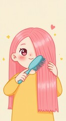 A young girl with vibrant pink hair brushes her long tresses with a light teal colored brush.
