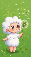 A charming little figure, dressed as a fluffy sheep, stands in a grassy meadow, holding a dandelion with seeds blowing in the breeze.