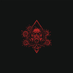 illustration of a gas mask surrounded by viral structures and flowing organic elements on a dark background. This detailed, vintage engraving style graphic evokes themes of pandemic, contamination