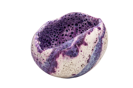 a purple and white egg with a hole in it