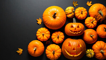 Halloween Pumpkin Patch: A collection of vibrant orange pumpkins, including carved jack-o'-lanterns, against a mysterious dark backdrop. This seasonal arrangement evokes the excitement of autumn.