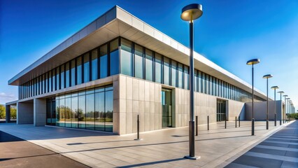 Obraz premium Modern Architectural Design of a Sleek Office Building with Expansive Windows and a Sunlit Plaza