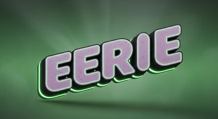 The word 'EERIE' rendered in a stylized, three-dimensional font with a spooky green glow on a dark, mysterious background.