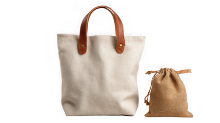 Two fabric bags one large tote and one small drawstring pouch presented on a neutral surface transparent background