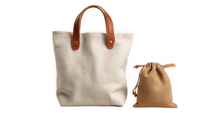 Two fabric bags one large tote and one small drawstring pouch presented on a neutral surface transparent background
