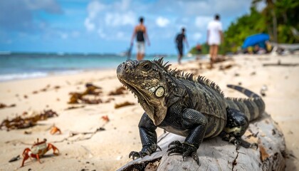 A large iguana on a sandy beach, foreground focus, with blurred figures enjoying the coastal scene
