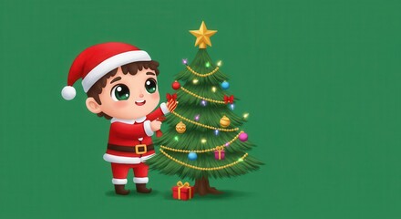 Fototapeta premium A cheerful young child in a Santa suit decorates a vibrant Christmas tree against a striking green backdrop.