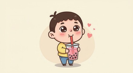 A cheerful cartoon boy enjoys a refreshing drink with boba pearls, showcasing a cute and happy expression.