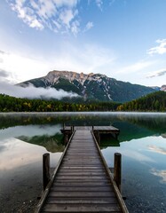 Obraz premium Tranquil lake scene with wooden dock