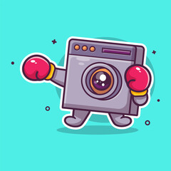 cute washing machine character mascot playing boxing sport isolated cartoon