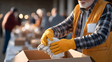 A Volunteer packing box with essentials and demonstrating acts of service to the community