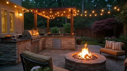 Cozy backyard patio with fire pit, outdoor kitchen, and string lights at twilight. - Powered by Adobe
