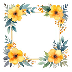 Obraz premium Floral Frame Isolated On White Background: A captivating visual arrangement with yellow blossoms, delicate leaves, and a golden frame. Perfect for various design needs.