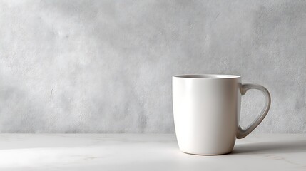 Obraz premium Minimal branding mockup featuring ceramic coffee cup on white tabletop, soft daylight illumination from side, empty spacious background with clean surface for text and logo placement