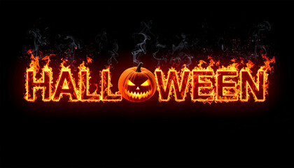 Fiery Halloween Spectacle: An ominous Halloween graphic ignites with fiery letters and a glowing pumpkin at its heart, radiating a spooky aura of terror and anticipation.