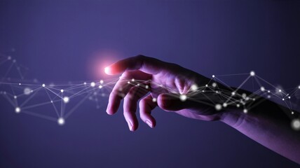 Human hand interacting with glowing digital network connections