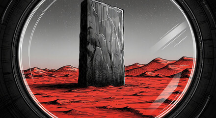 Enigmatic Monolith Stands Tall on a Red Alien Planet Landscape.