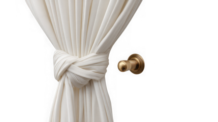Elegant fabric curtain tied with a knot next to a golden door handle on a dark surface transparent background