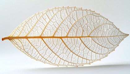Fototapeta premium Close-up of a delicate, translucent skeletonized leaf showcasing intricate vein patterns against a soft, neutral background