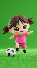 A cheerful cartoon girl in a pink uniform kicks a soccer ball against a vibrant green backdrop.
