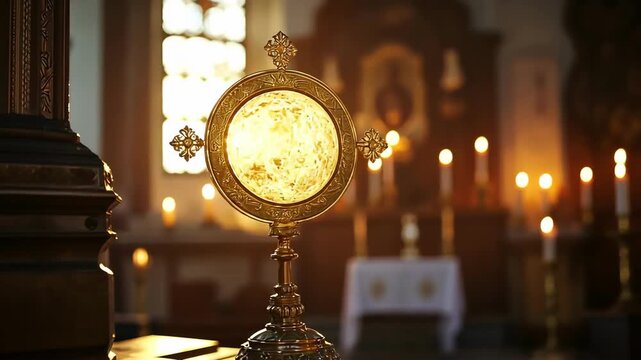 Monstrance in a church, candles burning, creating a warm, spiritual atmosphere.