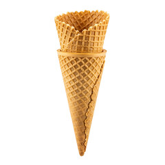 Two empty golden brown waffle ice cream cones stacked together