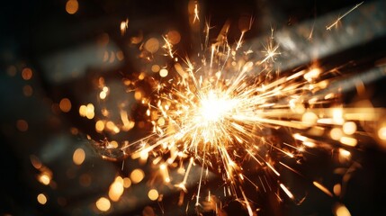 Obraz premium A dynamic burst of golden sparks flying outward from a fiery source,