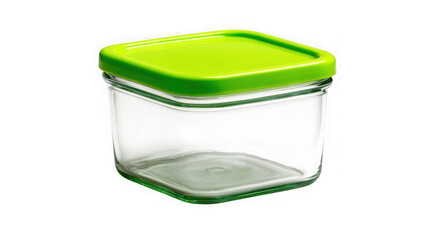 Clear square food storage container with vibrant green lid for kitchen and food preservation transparent background