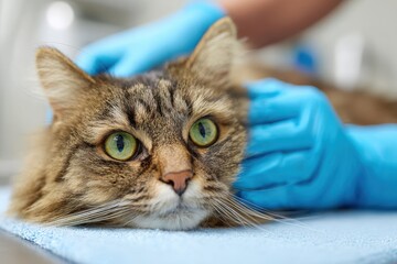 A veterinarian examines a calm tabby cat on a blue towel in a clinical setting