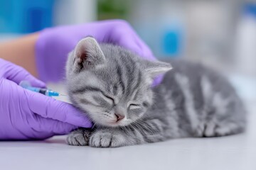 A veterinarian gently administering a vaccine to a sleepy gray kitten in a clinical setting