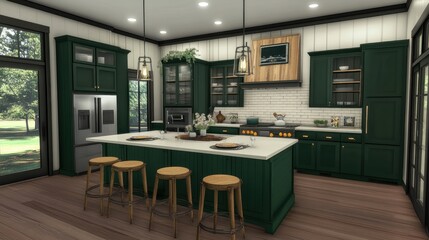 Fototapeta premium Modern kitchen design with deep green cabinets