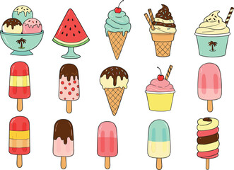 Colorful cartoon ice cream and popsicle set in hand-drawn style, perfect for summer, dessert menus, and sweet treat designs.