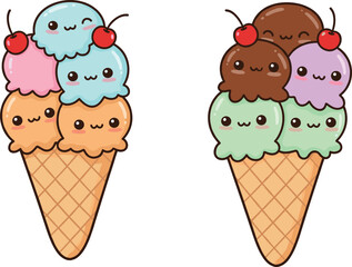 Cute kawaii ice cream cones with smiling faces, colorful scoops, cherries, and waffle cones in adorable cartoon vector style.