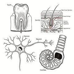 A collection of handdrawn black and white anatomical illustrations showing a tooth skin neuron and cochlea. © Vhya