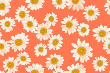Bright and cheerful daisies against vibrant coral background ideal for spring or summer themes in design and decoration projects