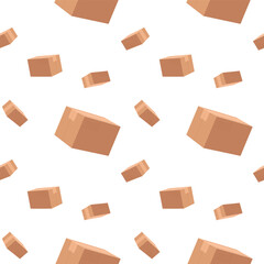 Pattern of scattered cardboard boxes on a white background