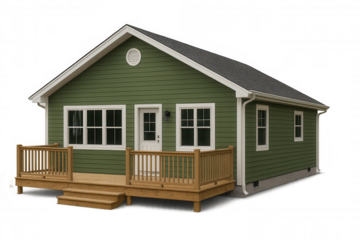 Classic prefabricated green house featuring a welcoming wooden porch, set against a transparent background, ideal for architectural visualization