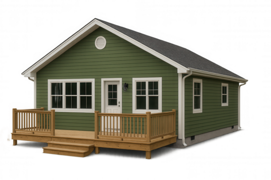 Classic prefabricated green house featuring a welcoming wooden porch, set against a transparent background, ideal for architectural visualization