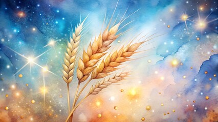 Golden wheat stalks against a starry watercolor sky.