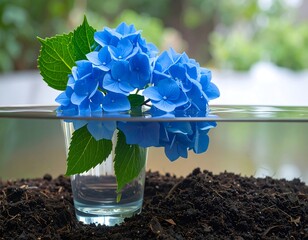 Hydrangea in a glass of water, reflected underwater