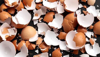 Broken egg shells on black surface