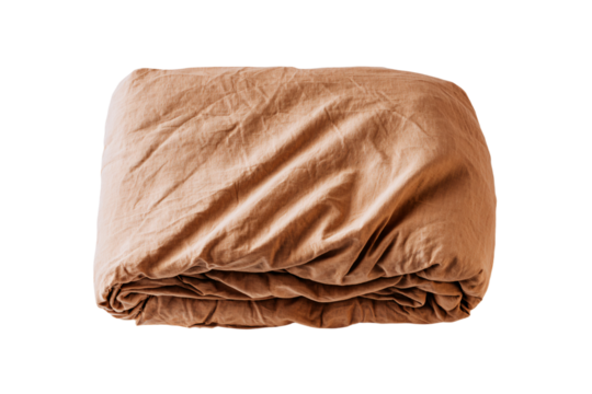 a brown blanket is folded on a white background