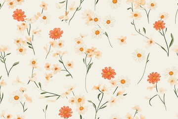 Delightful floral pattern with soft pastels featuring orange and white flowers on creamy background for textile and wallpaper design