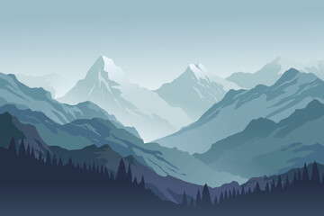 illustration of snowy mountain peaks with layered blue ridges, pine tree silhouettes, and a misty sky.