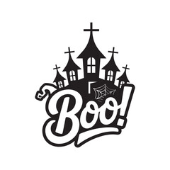 Fototapeta premium Haunted House Boo Typography Halloween Vector – Scary Castle Silhouette with Spider Web Lettering Design