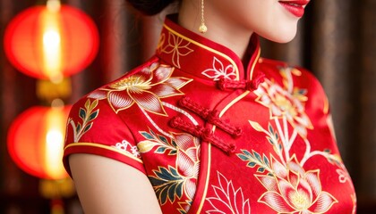 Beautiful woman in traditional red cheongsam dress cultural event indoor setting elegant perspective celebrating heritage