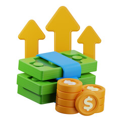 Obraz premium Stack of money increasing with upward arrows on transparent background