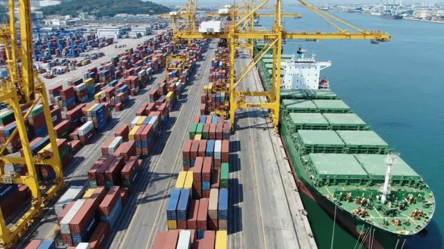 Aerial view of a bustling cargo port, showcasing numerous colorful shipping containers neatly arranged, with a massive cargo ship alongside a dock, illustrating international trade and logistics