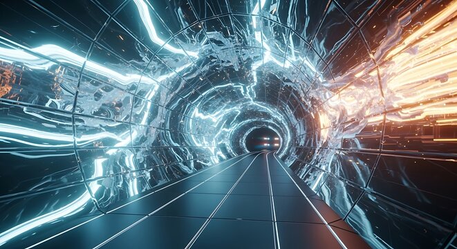A futuristic tunnel with vibrant neon lighting, reflecting off polished metallic surfaces, leading to an unknown destination.